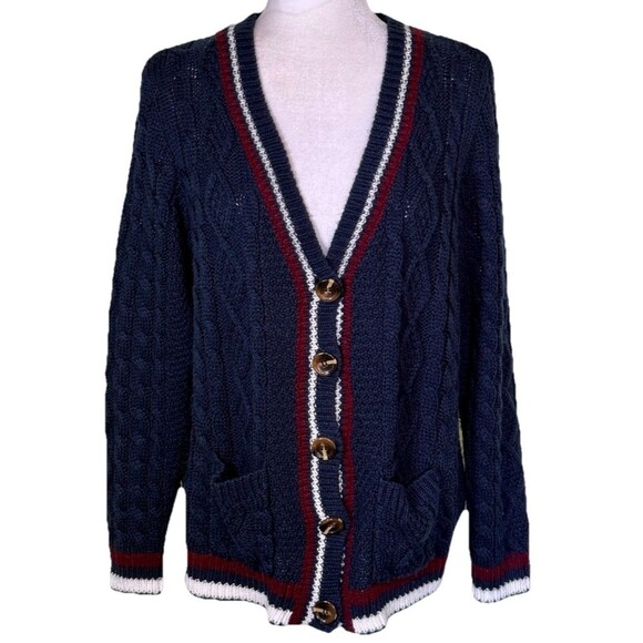Forever 21 Women’s Preppy Cable Knit Cardigan Ivy League Varsity Academia Sz Lg - Picture 1 of 8